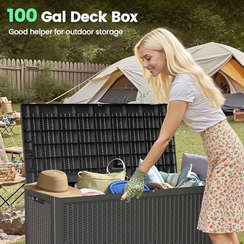 100 Gallon Outdoor Storage Box Waterproof Lockable Deck Box for Patio Black (Black / 100 Gallon （New）)