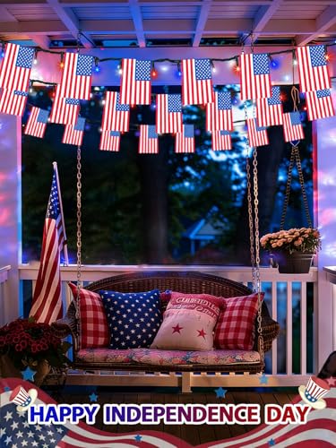 4th of July Decorations 2 Pack 100 LED Solar American Flag Lights Outdoor (Red-Blue-White Flag / 2 Pack)