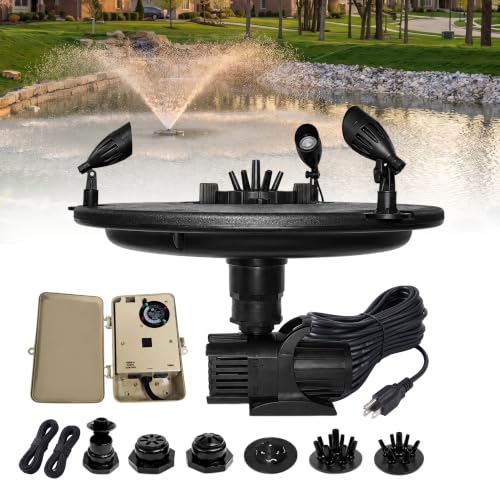 1 3 HP Floating Fountain & Aerator for Ponds and Lakes with 100 ft Cord (1/3 HP Pump / Color Changing Lights W/ Control Box)
