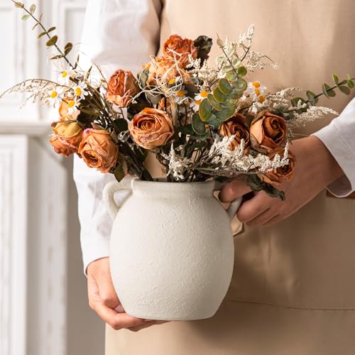 Ceramic Flower Small Vase 6 inch Farmhouse Rustic Vase Decorative Pottery Terracotta Vases for Home Decor Table Mantle Fireplace Living Room Bathroom Wedding Centerpiece (S-antique Off White)