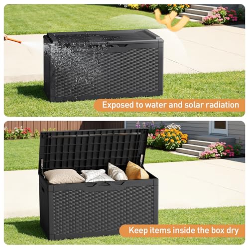 100 Gallon Resin Deck Box Large Outdoor Storage Boxes with Cushions for Garden Tools