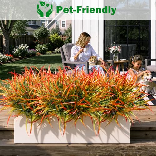 12 Bundles Artificial Outdoor Plants UV Resistant Fake Grass Plants Faux Plastic Plants for Home Garden Spring Summer Decor (Green & Red / 12)