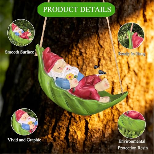 Garden Gnome Outdoor Statues for Garden Decor (Hanging Sleeping Gnome)