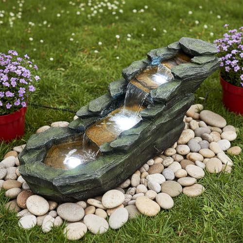 Cascading Rock Outdoor Water Fountain with LED Lights (44" L / Gray_12)