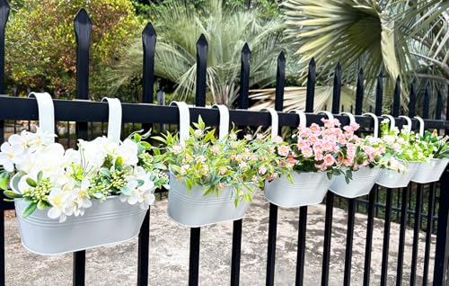 6 Pack 10" Metal Hanging Fence Planter Outdoor with Detachable Hooks (White)