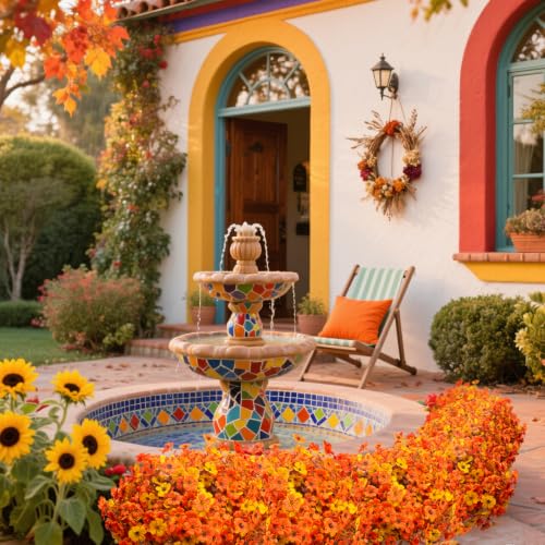 16 Bundles UV Resistant Artificial Fall Flowers Faux Mums for Outdoors (Yellow Orange)