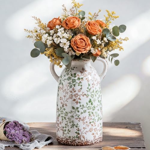 11.2" Rustic Ceramic Vase (06-green and Beige-11.2 in)