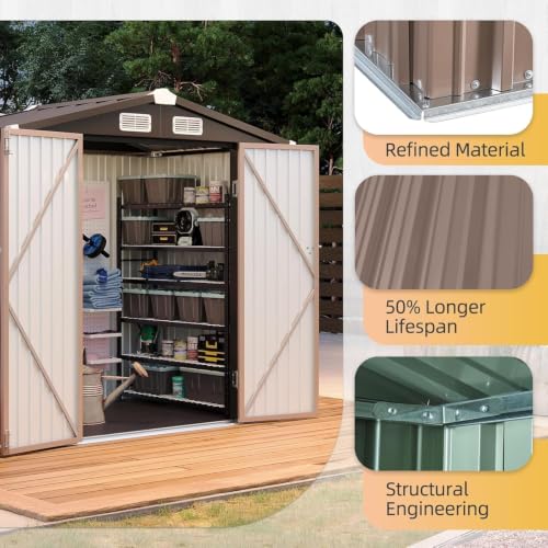 6x4FT Shed with Floor Galvanized Steel Outdoor Storage Shed (Brown / 6'x4'w)