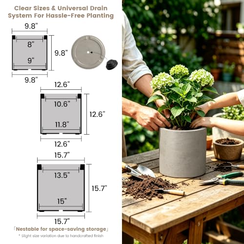 3 Pack 15.8" 12.9" 9.8" W Round Weathered Concrete Planters (3 Count)