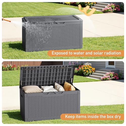 100 Gallon Resin Deck Box Large Outdoor Storage Boxes with Cushions for Garden Tools (Gray / 100 Gallon)