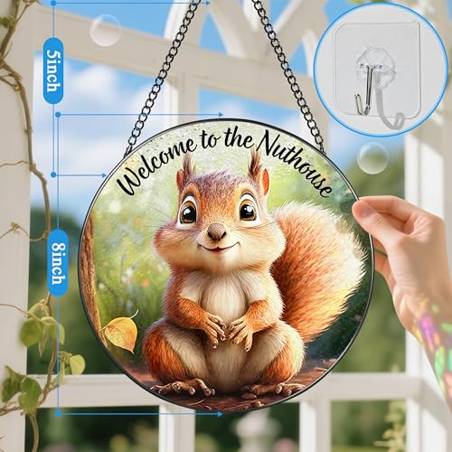 Stained Glass Window Hanging 8" Welcome to the Nuthouse Squirrel Sun Catchers (Squirrel)