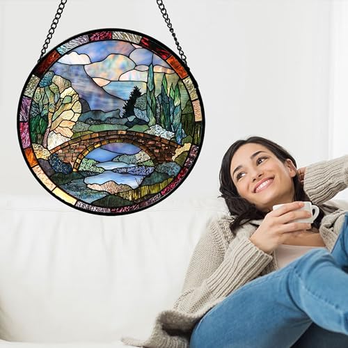 Stained Glass Window Hanging Arch Bridge Suncatcher Gifts for Women 15" (Blue Brown / 15x15 IN)