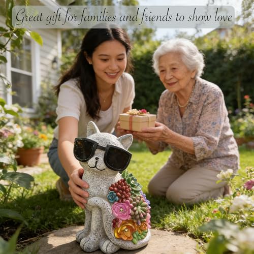 Solar Cat Garden Decor Statues with Succulent LED Lights and Sunglasses (French)