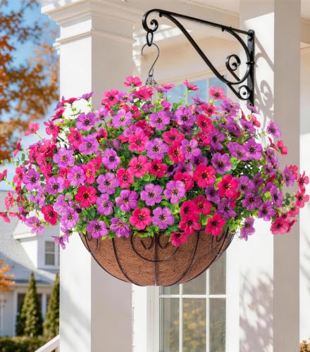 Artificial Faux Hanging Plants Flowers Basket for Spring Summer Outdoor Outside Decoration (Purple Pink)