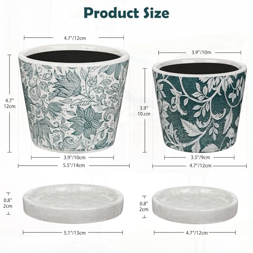Set of 2 Ceramic Blue and White Plant Pots with Drainage Hole and Saucers (Teal Green)