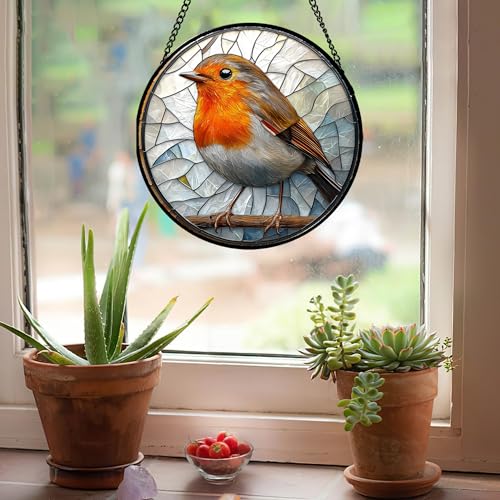 Brown Robin Stained Glass Window Hanging Suncatcher Gifts for Women 6.3" (Orange-white / 6.3x6.3 IN)
