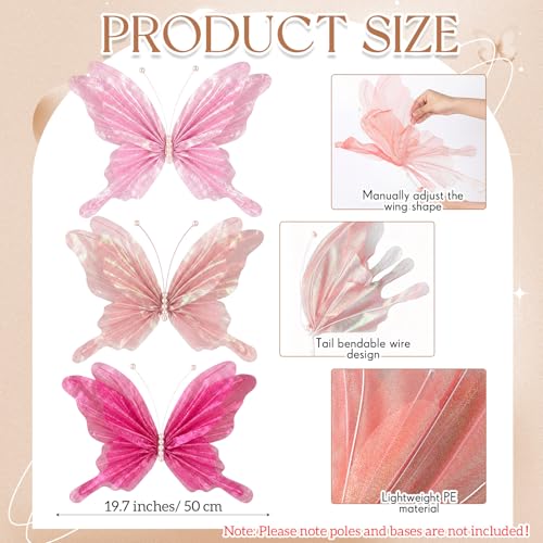 3 Pcs 19.7in Giant Butterfly Decoration for Wedding Reception (Butterfly / Pink, Peach Pink, Rose Red)