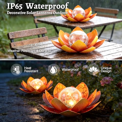 Solar Lights Outdoor Garden Decoration Crackle Globe Glass Waterproof LED Metal Orange Lotus Flowers Gift for Mom (Dazzling Blue)