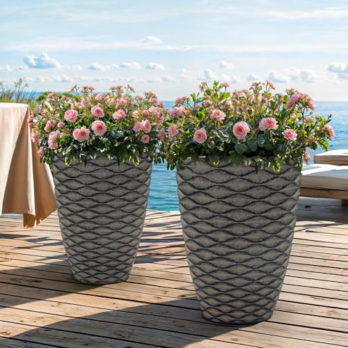 2 Pack 19" Rustic Black Resin Tall Planters with Wave Texture (19"h-rustic Black Wavy)