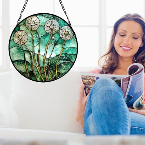 Stained Glass Window Hanging White Green Suncatcher Gifts for Women 15" (Red and Green / 15x15 IN)