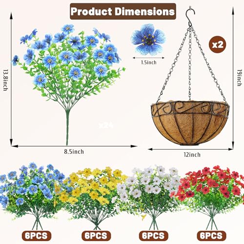 2 Set Artfiticial Hanging Flowers with Basket & Foam Outdoor (Red White Blue Yellow / 2 Pcs)