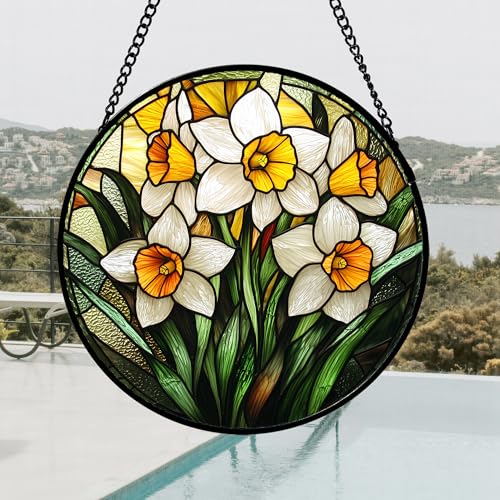 Stained Glass Window Hanging Daffodil Suncatcher Gifts for Women 6.3"