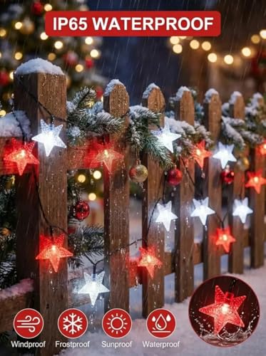 Twinkle Solar Star String Lights Red White Outdoor 39FT (Red-White)