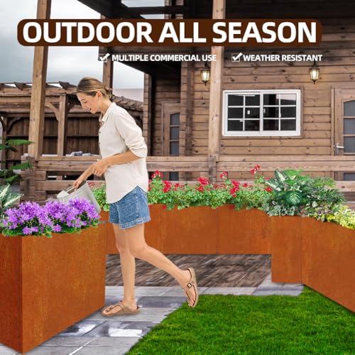 Metal Tall Long Planter Box Large Rectangular Planter Flower Pot with Drainage Holes for Indoor Outdoor Deck Porch Garden Home Patio Front Door (Rusty Orange / Small)
