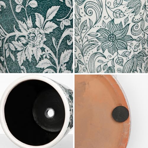 Set of 2 Ceramic Blue and White Plant Pots with Drainage Hole and Saucers (Teal Green)