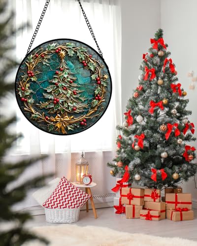Christmas Teal Evergreen Stained Glass Window Hanging Suncatcher Gifts 6.3" (Cyan / 6.3x6.3 IN)
