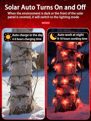 Solar Twinkle Star String Lights Outdoor Waterproof 39FT (Red)