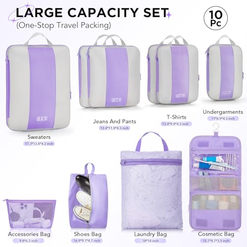 10 Set Compression Packing Cubes for Travel Essentials (Light Purple)