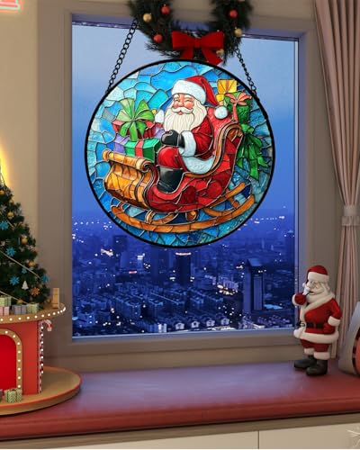 Christmas Santa Sleigh Stained Glass Window Hanging Suncatcher Gifts 9.8" (Red and Blue / 9.8x9.8 IN)