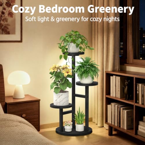Wood Small Plant Stand Table Indoor Tall with Lights (Black with Light / 3 Tier)