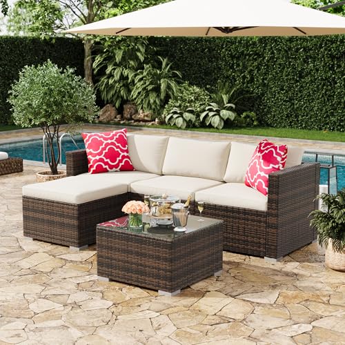 5-Piece All-Weather Patio Furniture Set, Convertible Outdoor Sectional Sofa with Ottoman & Tempered Glass Table, PE Rattan Conversation Set for Garden, Backyard, Porch, Poolside (Brown/Beige / 5 Pieces)