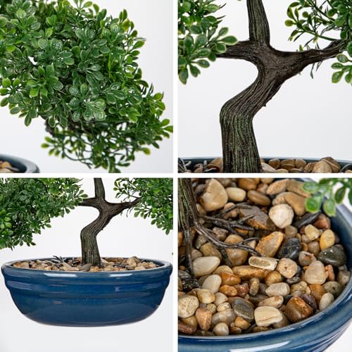 Artificial Bonsai Tree Faux Plants Indoor Fake Plants Decor with Blue Ceramic Pots for Home Table Office Desk Bathroom Shelf Bedroom Living Room Farmhouse Decor (Blue Glazed)
