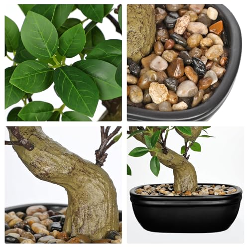 Artificial Bonsai Tree 12.9 Inch Faux Ficus Plant in Ceramic Pot with Pebbles Fake Green Potted Plant for Home Office Desk Decor Indoor Zen Table Centerpiece (Green)