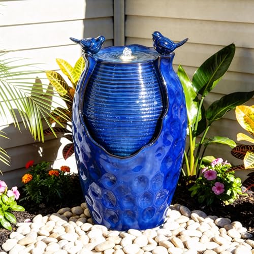 Autodaya 25" Ceramic Jar Outdoor Water Fountain with Hammered Texture (23.5"h-honeycomb Pot Cobalt Blue Glaze)