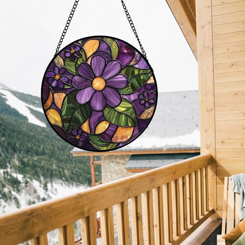 Stained Glass Window Hanging Purple Flower Suncatcher Gift for Women 12" (Brown-green / 11.8x11.8 IN)