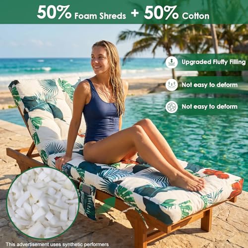 Outdoor Chaise Lounge Chair Cushion (Green Tropical Flowers / 72x22.4x4.7)