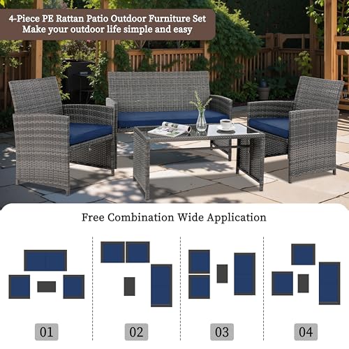 4 Piece Patio Ratten Set Outdoor Furniture Set Wicker Conversation Set with Cushions and Tempered Glass Tabletop (Deep Blue)
