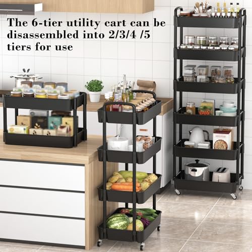 6 Tier Plastic Rolling Utility Cart with Wheels for Storage