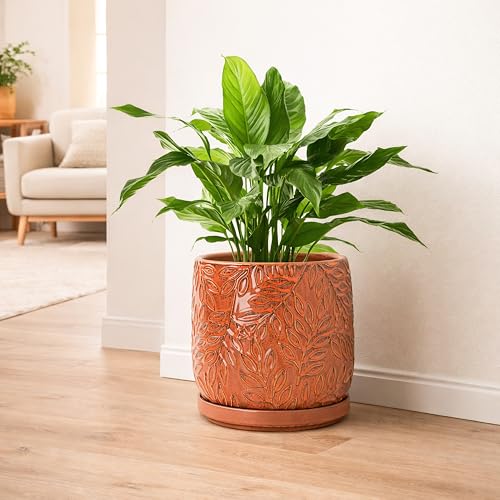 Embossed Leaves Ceramic Planter (8 Inch / Pumpkin)