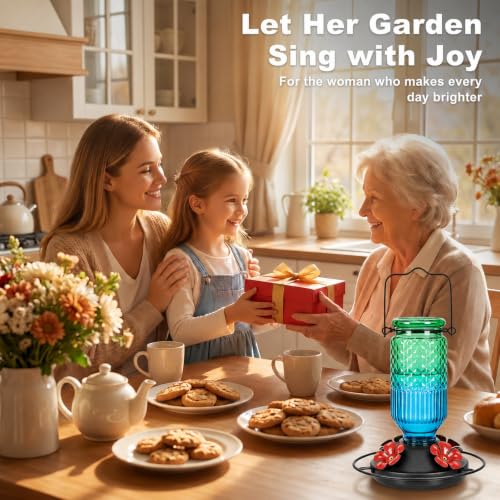 Glass Hummingbird Feeder for Outdoors (Green-Blue Ombre)