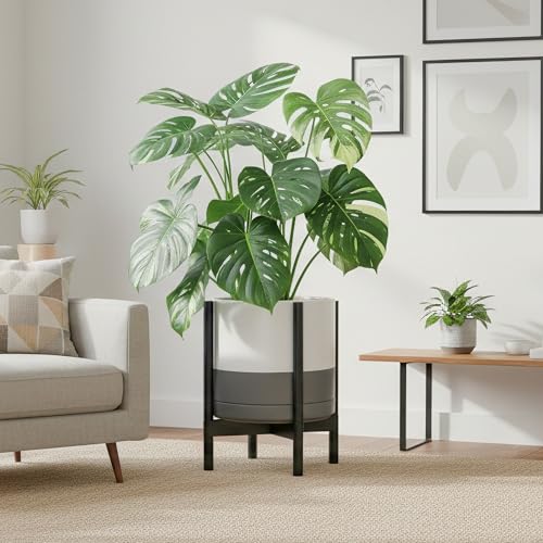 Ceramic Pot with Ebony Wood Stand (14 Inch / White/Grey Pot + Ebony Stand)