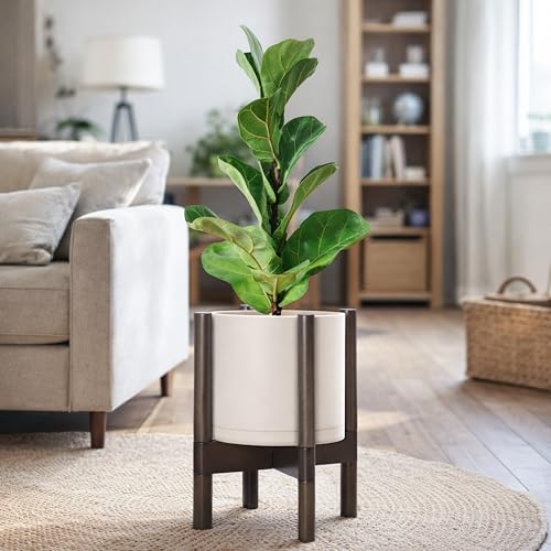Plastic Pot with Walnut Wood Stand (Oatmeal Pot + Walnut Color Stand / 8 Inch)