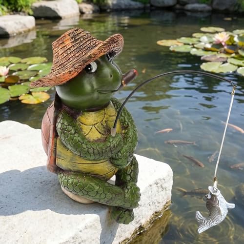 9.5" Turtle Fishing Sculptures & Statues (Green Multi)