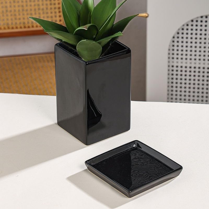 Square Ceramic Plant Saucer Tray 2 Pcs 8 9 10 Inch Black (2 Count)
