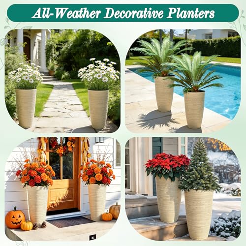 AUTODAYA 23.5" Tall Planters for Outdoor Plants (23.5"h-ivory Stripes Texture)