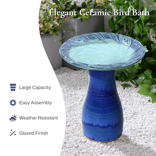 LuxenHome 20" Ceramic Bird Bath for Outside (Navy Blue)